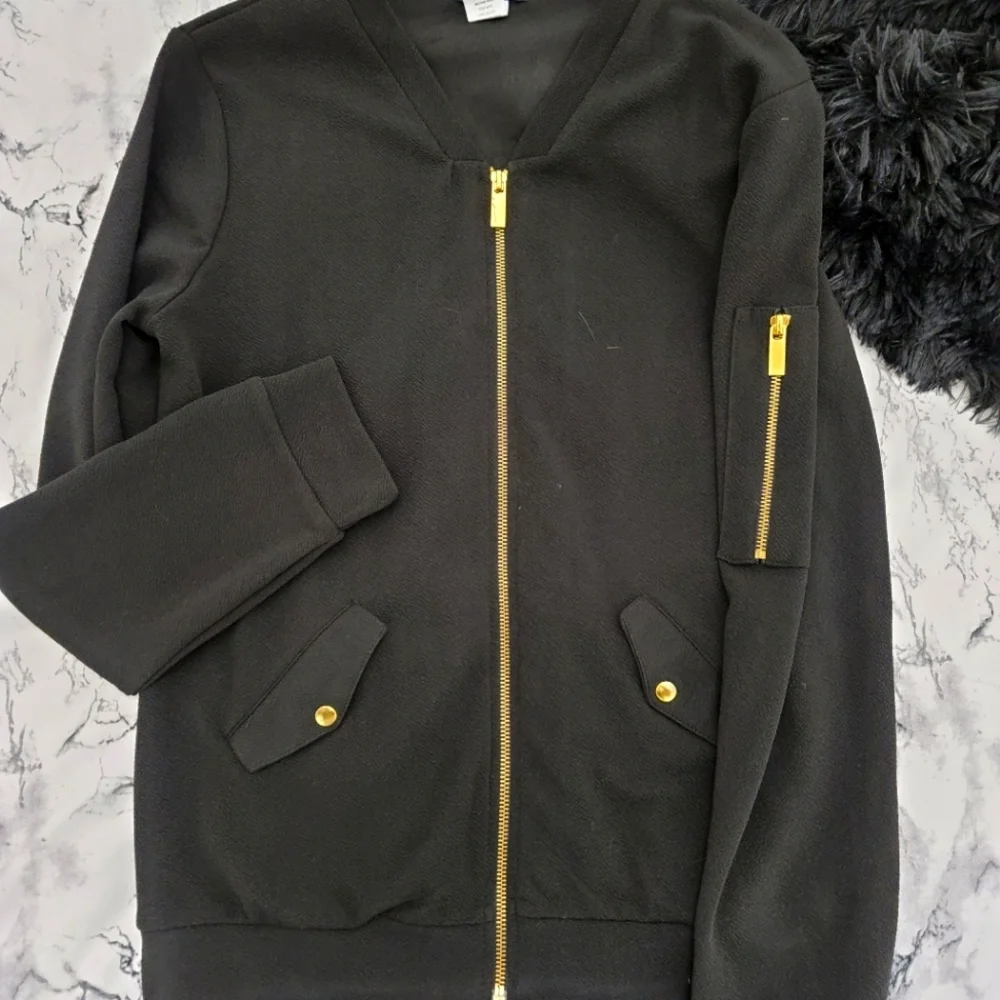 Olivia Blu Black Bomber Jacket With Gold Zipper Detailing​ - Picture 1 of 12